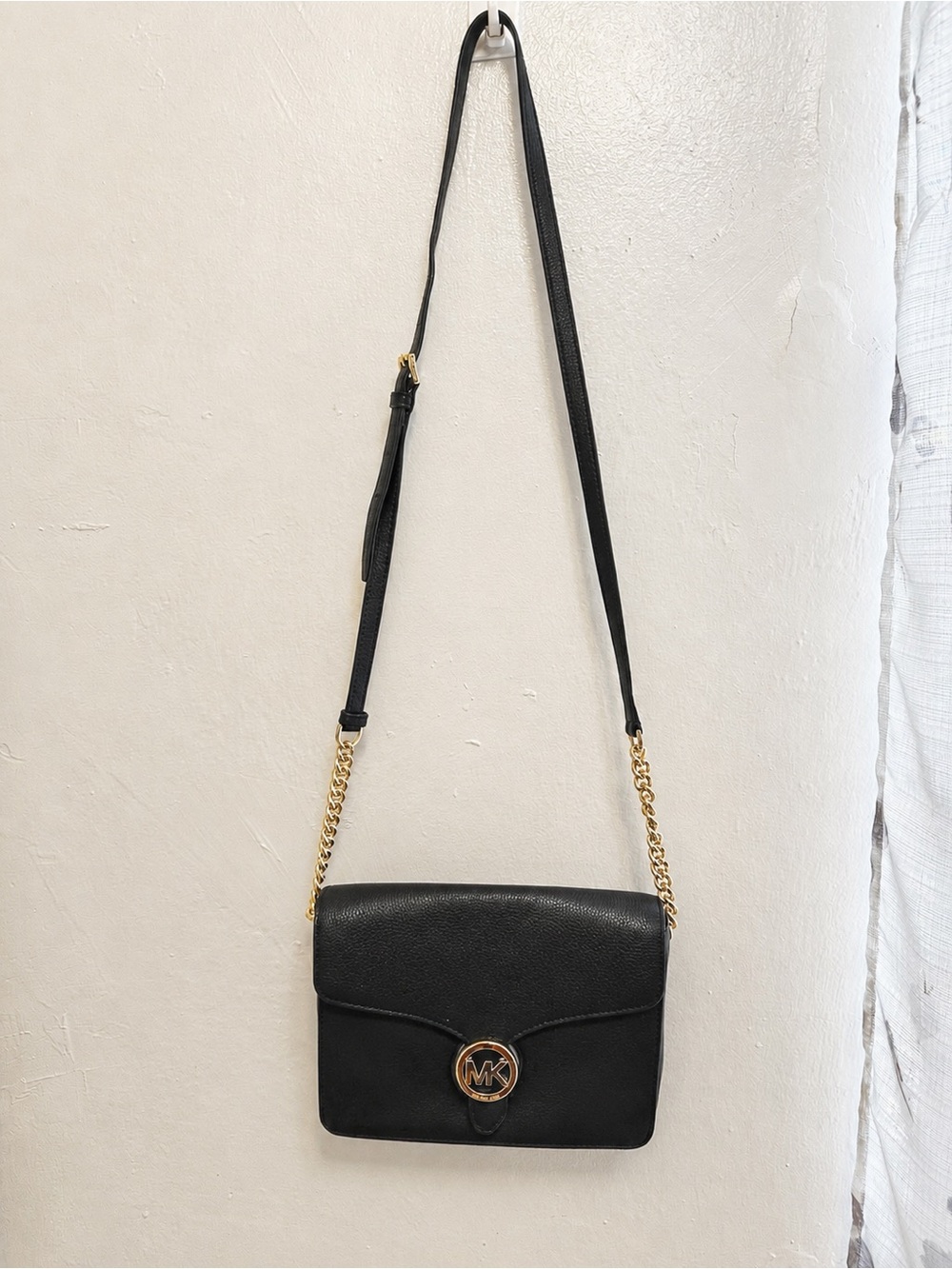 Michael Kors Black Pebbled Leather Crossbody with Gold Chain Strap